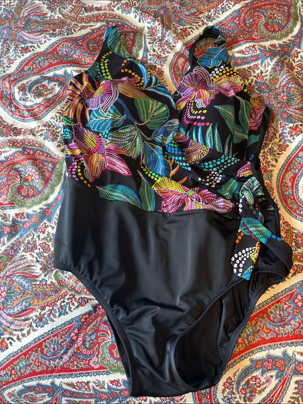 Floral Black One-Piece Swimsuit with Multicolor Leaf Print